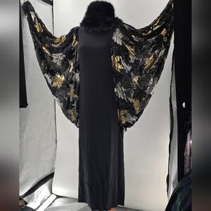 RICHILENE Elegant Black gown With Metallic Gold And Silver Leafs RARE GOWN